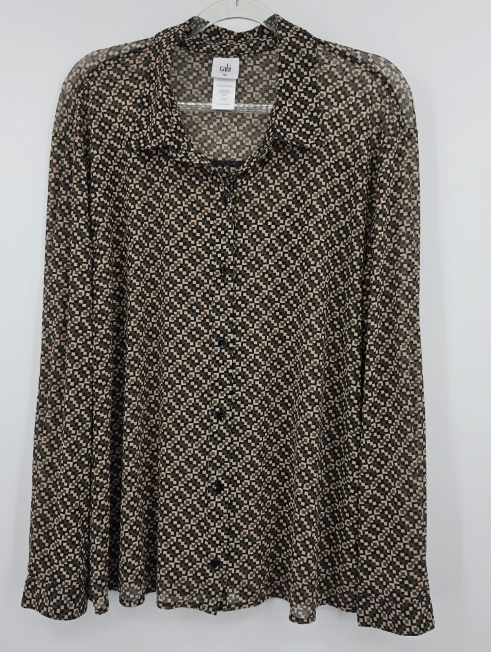 Cabi Mesh Shirt Long Sleeve Button Front XL Brown Green Geometric
